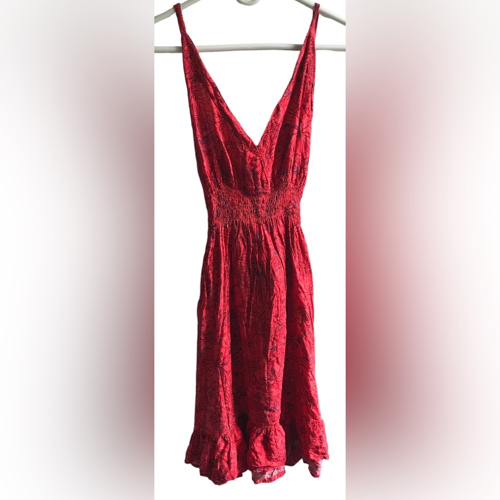 TROPICAL GROUP SPAGHETTINI STRAP RUFFLE HEM DRESS